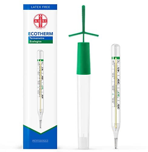 AIESI® Termometro Clinico classico in vetro per febbre al gallio senza mercurio per adulti e bambini ECOTHERM, Astuccio per resettaggio rapido, Ecologico, Garanzia Italia 24 mesi