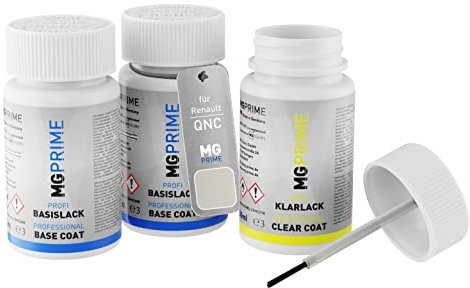 MG PRIME Autolack Lackstift Set für Renault QNC Blanc Nacre/Perlmutt-Weiss Perleffekt Grundlack Basislack Klarlack je 50ml
