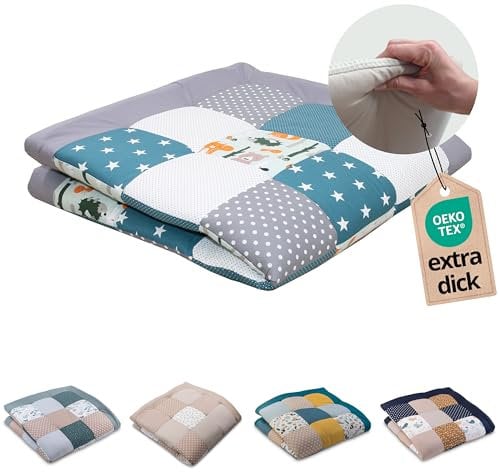 ULLENBOOM Krabbeldecke für Baby 140x140 cm, 100% OEKO-TEX Materialien, Made in EU, Dick & weich gepolstert, Waldtiere Petrol - ideal als Babydecke, Krabbelmatte & Spieldecke Baby