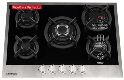 Corberó - Encimera de Gas Cristal | CPCGXY7019N | 5 Fuegos de Distintos Tamaños | 10,4 Kw | Autoencendido | Estufa de cocción | Zona Wok | Kit de conversión a gas natural | Negro/Inox
