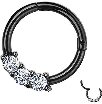 Piersando Segment Clicker Scharnier dünner Ring Piercing mit Glitzer Kristall Septum Tragus Helix Nase Lippe Nasenring Nasenpiercing Schwarz 1,2mm x 8mm