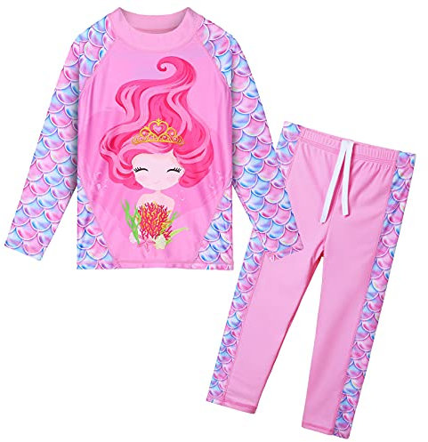 HUAANIUE Girls 3-12 Years 2PC Swimwear Set Long Sleeve Swimsuit Kids Print Flower Sunsuit 50+UV Sun Protection Swimming Cosutme(GirlPink,12A)