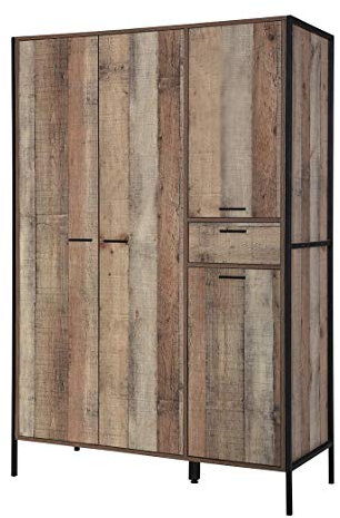 Timber Art Design UK Stretton Large Wardrobe Wooden Cabinet 4 Door Urban Industrial with Drawer Rustic Bedroom Metal Handles, Runners, Outer Frame & Legs, Brown H180 x W123.8 x D52 cm