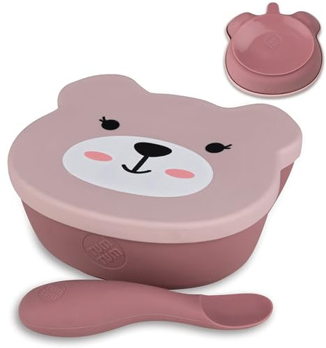 TUM TUM Bol Ventouse pour Bébé Couvercle, Cuillère Bébé, Silicone 1er Repas, 6 m+, Besty l'Ours, Rose