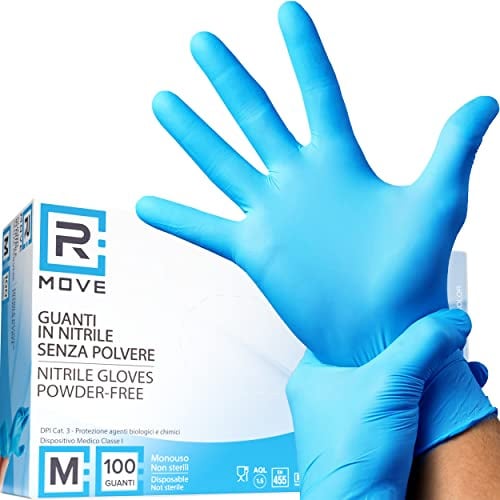R MOVE 100 guanti in nitrile monouso blu M senza polvere, gloves ambidestri usa e getta per alimenti, non sterili, senza lattice, ipoallergenici - per ambiti medici, Estetisti, Tatuatori (M, Blu)