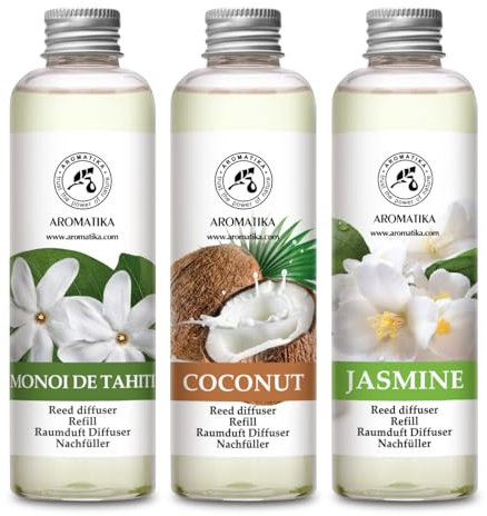 Raumduft Diffuser Nachfüller Jasmin & Kokos & Monoi de Tahiti 600ml - 3x200ml - Nachfüller Set für Duftdiffusor - Reed Diffuser Refill - Raumbeduftung - Zimmerduft - Diffuser Nachfüllen - Raumluft