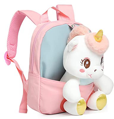 Hifot Einhorn Rucksack für Mädchen, Abnehmbarer Plüschpuppen Kleiner Büchertasche Mini Reisetasche Einhörner Geschenke Rucksäcke für Kinder Mädchen