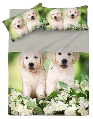 INTRECCI Set Lenzuola Matrimoniali in Cotone, Stampa Alta Qualità, Lenzuolo Sotto + Lenzuolo Sopra + 2 Federe, Comfort, Morbidezza, per Pelli Sensibili, non Stringe in Lavatrice. Fantasia:Spring Dogs