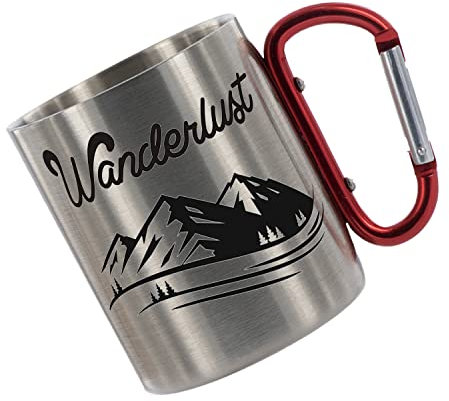 Crealuxe Edelstahltasse mit Karabiner - Wanderlust - 330ml, Geschenk zum Wandern, Hiking, Tasse personalisiert, Kaffeetasse, Bürotasse, Metalltasse mit Name