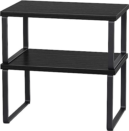 2er Set Küchen-Organizer, Schrank Regal, Gewürzregal, Stapelbares und Erweiterbares Lagerregal für Küchenschränke Utensilien, Geschirr, Konservendosen, Gewürze, Rustikale Thekenregal (Schwarz(2pcs))