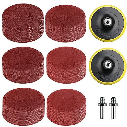 60 BläTter Schleifpapier 125mm Klett, 2 Stück Klett-StüTzteller, Schleifpapier 40/80/120/180/240/320 KöRnung, M14 Schleifscheiben Klett, mit 2 Stab, für Bohrschleifer, Winkelschleifer