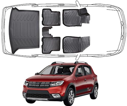 Rizline Passgenau 3D Fussmatten & Kofferraumwanne Auto Set Kompatibel mit Dacia Duster 4X4 2.Gen 2018-2022 Auto Zubehör Gummimatten & Kofferraummatte Autos TPE Allwetter Geruchlos rutschfest Schwarz