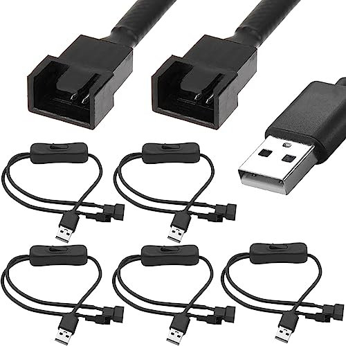 Xiatiaosann USB auf Dual 3-Pin / 4-Pin PWM 5 V USB Sleeved Fan Power Adapter Kabel, 1-zu-2-Wege-Splitter, USB-zu-4-Pin-3-Pin-PWM-5-V-Lüfteranschlusskabel mit 304-Kippschalter (40 cm, 5 Stück)