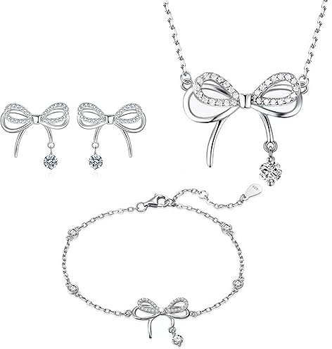 CERSLIMO Jewellery Set for Women Girls - Dainty Butterfly Bow Pendant Necklace, Silver Stud Earrings for Women & Adjustable Silver Bracelet Set | Jewellery Set for Girlfriend Wife Wedding Gifts