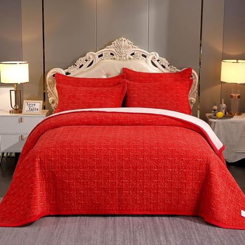 Mengersi Samt-Steppdecken-Set, volle Größe, leichtes Samt-Bettwäsche-Set mit passenden Kissenbezügen, gemütlich, warme Tagesdecke, leicht, Heimdekoration, Rot