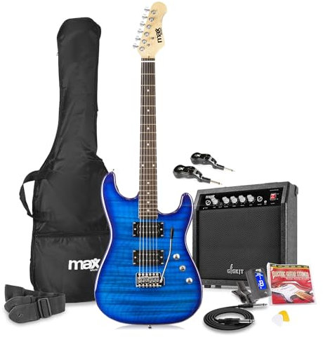 Max GigKit Wireless Electric Guitar Pack – Quilt Top Beginner Electric Guitar Set with Accessories, Stunning Dark Blue Finish, Ideal for New Players, 6 Months of Lessons Included!