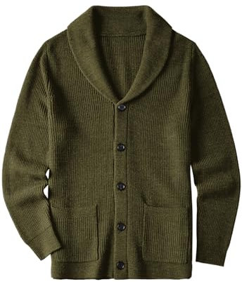 Men's Cardigan Shawl Collar Wired Solid Color Button Autumn and Winter Men's Clothing_Olive_XXX-Large