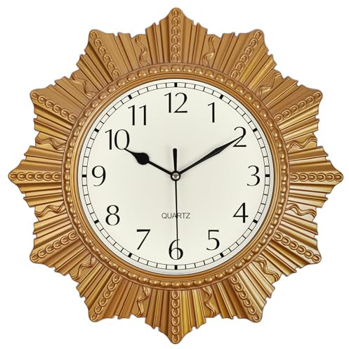 SkyNature Wanduhr Gold, 30cm Boho Sonnen Ohne Tickgeräusche Wanduhr, Lautlos Batteriebetriebene Kleine Analog Wanduhr, Vintage Dekor Wanduhr für Wohnzimmer, Küche, Schlafzimmer, Büro