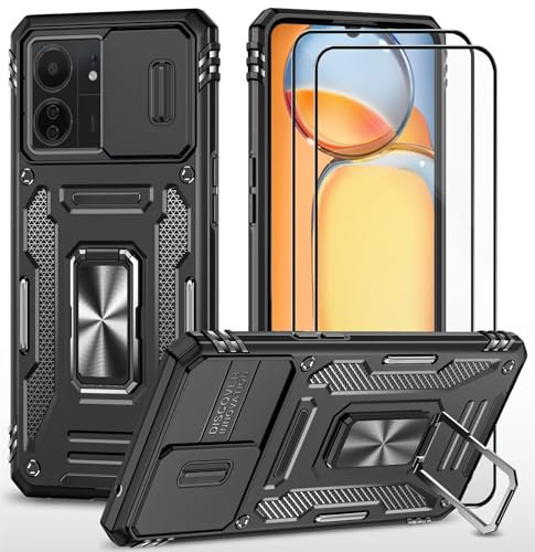 CLYDITE Cover per Xiaomi Redmi 13C/Redmi 13C 5G/Poco c65 Nero Custodia con Vetro Temperato [2 Pack] Fotocamera Slidable Antiurto Custodia Antiurto Grado Militare 360° Ring Supporto Silicone Custodie