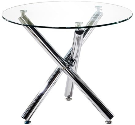 JHAISMAO Rund Glas Esstisch Klar Gehärtet Glasplatte Modern Speisesaal Lässiger Kaffee TischTee Küchentisch Und Dreibein Chrom Bein(Size:90X75CM,Color:A)