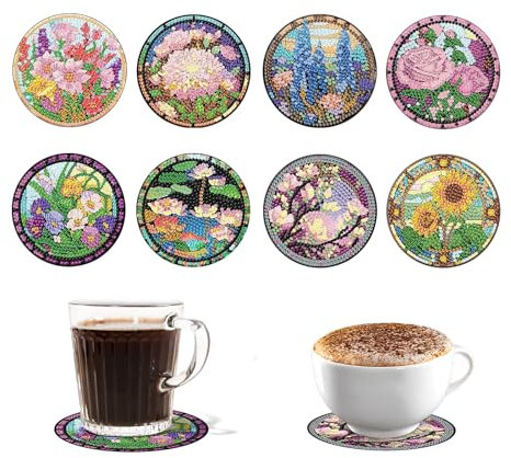 Goiern 8 Stück Diamond Painting Untersetzer Blumen,Diamond Painting für Anfänger Kinder Erwachsene,5D Diamant Painting Untersetzer für Tassen Weingläser, Vasen und Heimküche