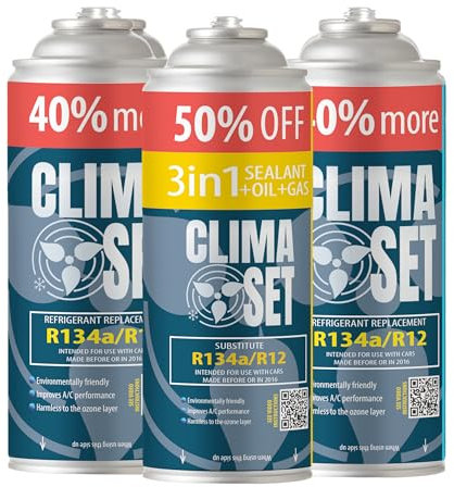 Clima Set Kit de 1x R134a Remplacement Gaz et 2x 3en1 Réfrigérant Climatisation/Joint/Huile - pour Climatisation Auto - Réfrigérant pour Climatisation Auto - 3 x235 g