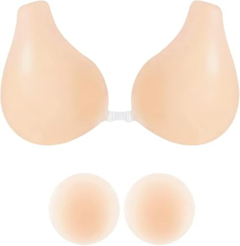 Kiscorpse Women's Adhesive Invisible Strapless Bra, Silicone Backless Push Up Sticky Bra Sticky Reusable Stick On Nipple Covers Bra for A/B/C/D Cup (M for A/B CUP, Beige)