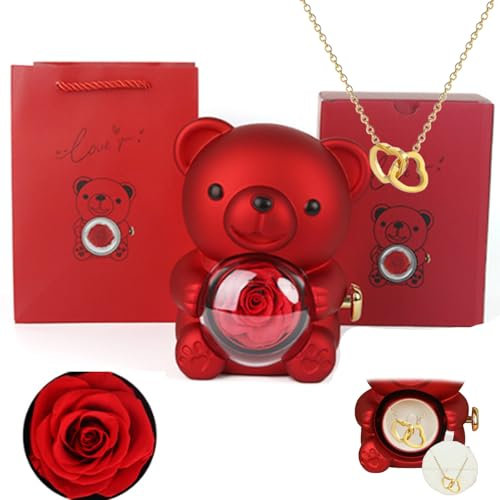 Orsetto di rose conservate regalo per donne con collana a cuore, set regalo di rose conservate, fiori di rosa eterna, regali per moglie, mamma, nonna, fidanzata, Natale, San Valentino, compleanno,