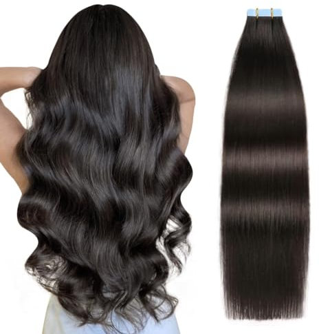 SUYYA Tape Extensions Echthaar,Invisible Tape in Extensions Echthaar Seidig Gerade Remy Tape Haarverlängerungen Echte Menschliches Haar 24 Zoll 60cm 20 Stück 50G #1B Natürliches Schwarz