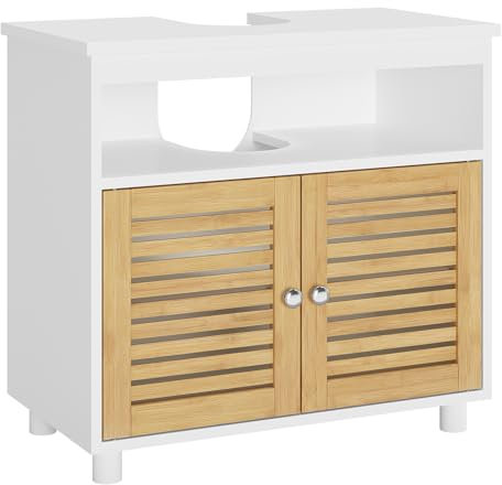 FORABAMB Meuble sous Lavabo Salle de Bain, Armoire de Rangement sous Vasque avec 2 Portes en Bambou et Un Compartiment Ouvert, Meuble Dessous Évier pour Salle de Bain, 60 × 30 × 60 CM