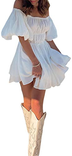 Fiacafyo Women Puff Sleeve Lace-up Fairy Tunic Elegant Off-Shoulder Party Dress - Elastic Waist A-line Mini Streetwear (A-White, M)