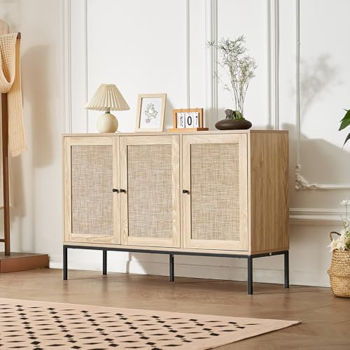 VEVOR Rattanschrank Rattankommode Aufbewahrungsschrank mit 3 magnetischen Türen & verstellbaren Regalen, Sideboard-Buffetschrank für Flur Eingangsbereich Wohnzimmer Küche Flur Holzfarben