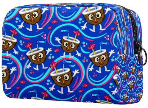 Kosmetiktasche mit tropischem Kokosnuss-Motiv, für Damen, Reise-Kulturbeutel, groß, Make-up, praktische Tasche, Organizer, Tasche mit Reißverschluss, Dunkelblau, multi, 18.5x7.5x13cm/7.3x3x5.1in,