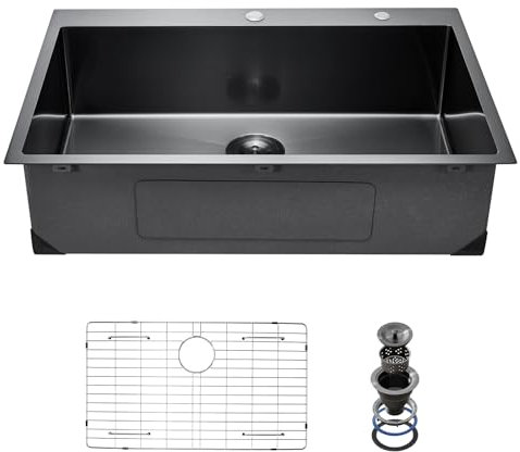 VEVOR Estación de trabajo para fregadero de cocina de 33 pulgadas, fregadero de montaje superior de acero inoxidable 304, lavabo de un solo tazón con accesorios, fregaderos de lavavajillas para casa