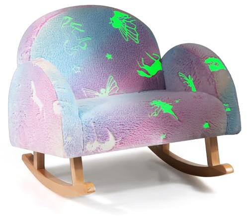 GYMAX Sedia a Dondolo per Bambini, Divanetto Brillante al Buio, Poltroncina Imbottita in Flanella con Gambe in Legno Massello, per Camera da Letto, Sala Giochi, Asilo Nido, 3-5 Anni