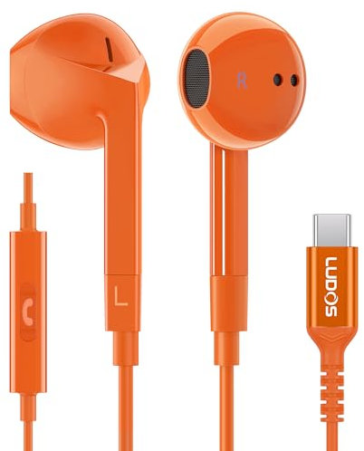 LUDOS FEROX USB C Kopfhörer, 5 Jahre Garantie für iPhone 16 15 Pro Max Plus Samsung Galaxy S24 S23 Ultra S22 S21 FE S20 A53 A54, USB Typ C Ohrhörer mit Mikrofon In-Ear mit Kabel für iPad Pro - Orange