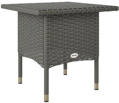 Outsunny Rattan Side Table Outdoor Coffee Table Patio Garden Grey | Plastic Board Under Full Woven Top, for Balcony