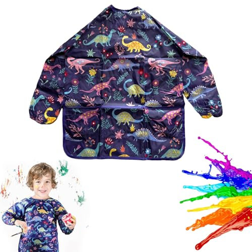 Malkittel Kinder,Blau Dinosaurier Malschürze Kinder,Wasserdicht Malerkittel,Bastelschürze,3 Taschen für Malen,Kochen,Basteln, Essen,für Alter von 2–8 Jahren