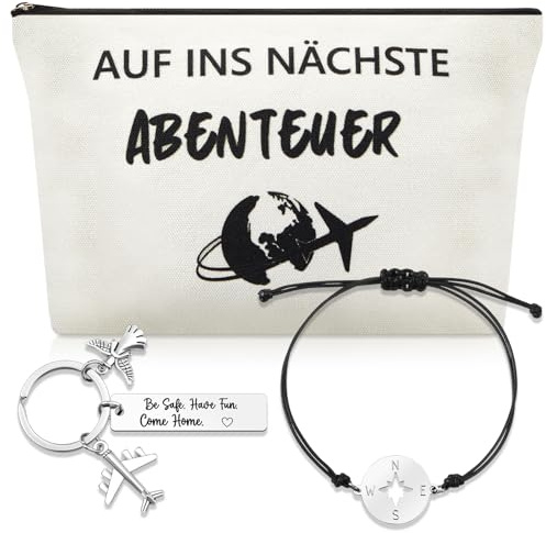 Patelai Reise Geschenk Schutzengel Schlüsselanhänger Glücksbringer Geschenk für Reisende Auf Ins Nächste Abenteuer Kosmetiktasche Kompass Armband und Grußkarte für Reise Abschiedsgeschenk Auslandsjahr