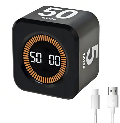 Pomodoro Minuteur visuel numérique Rotatif 5/10/25/50 Minutes Compte minuterie de Cuisine, Alerte sonore réglable pour Cuisiner, Faire du Sport, étudier - Noir