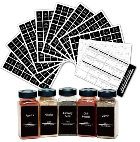 TrustKK Gewürzglas-Etiketten Set, 275 Stück, 9 Bögen, Schwarze Aufkleber für Gewürze, Selbstklebend, Rechtecke 5x3cm