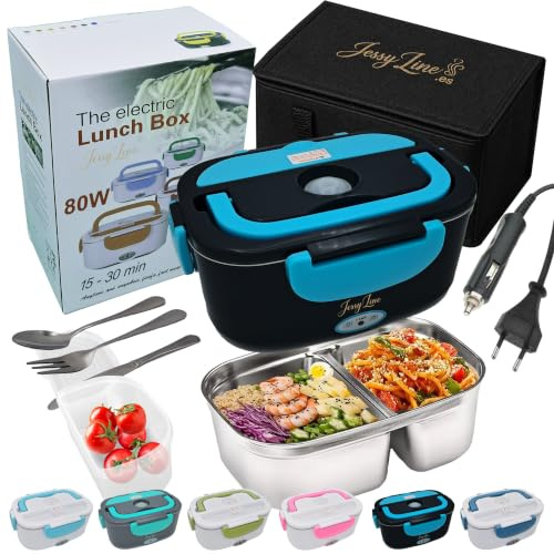 JessyLine Fiambrera eléctrica portátil profesional elegante 80W 12V/24V/220V Multifunción coche camión oficina Calienta comida rápido Taper Contenedor dividido Acero inoxidable 1,5L Negra azul-claro