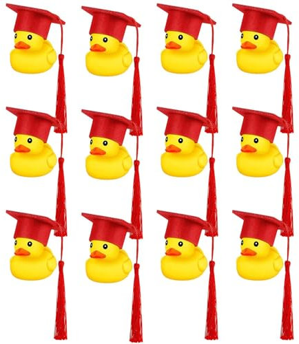 Ente Mit Abschlusskappe – Lustige Gummiente Zum Akademischen Abschluss, Dekoration Für Das Armaturenbrett Aus Gummi Fürs Auto, Quietscheente Mit Schild Mit Bachelor-Kappe, Gut - Rot 12 Packs