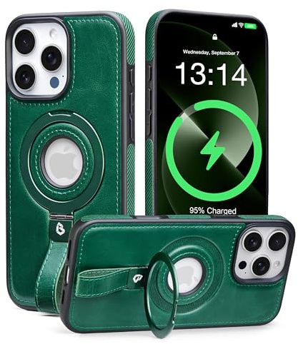 Butaiga for iPhone 14 Pro Max Case Leather Strap with Ring Stand, Green | Finger Loop, Relieve Smartphone Pinky Strain, Kickstand, Fit for Magsafe, Slim Fit, Anti-Slip, Texture Grip, Shockproof