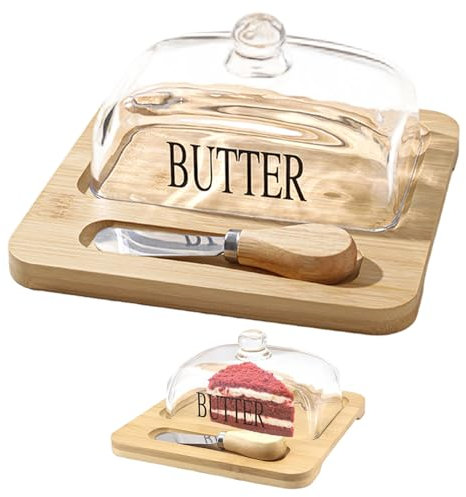 Butterdose aus Glas mit Deckel sicher multifunktional durchsichtig mit Deckel Holztablett und Messer für Kühlschrank Theke Butterdose aus Glas mit