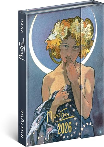 NOTIQUE Terminkalender 2026 - Mini Taschenplaner ca. A6 mit Magnetverschluss, Kompakter Wochenkalender 11x16cm, Hardcover Buchkalender mit Monatsübersicht (Alfons Mucha)