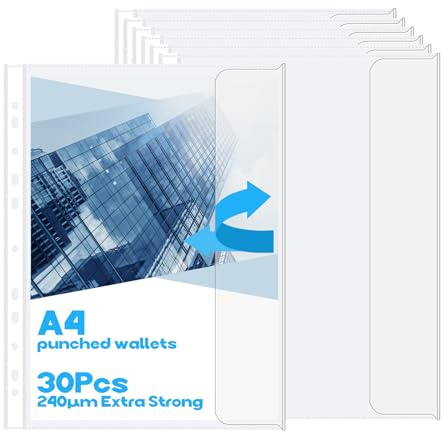 30 A4 Plastic Sleeves Side Opening with Flap,240 Micron Heavy Duty Plastic Wallets,11 Hole Clear Poly Pockets for a4 Paper,Punched Pockets for 2/3/4 Ring Ring Binders,Documents,Filing Folders