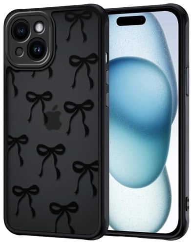 TVVTPU Handy Hülle für iPhone 15 mit Vollständiger Kameraschutz, Aesthetic Motiv Schleifen Muster Handyhülle Anti-Fingerabdruck Matt Transluzente Rückseite Stoßfest Kratzfest Case, Schwarz