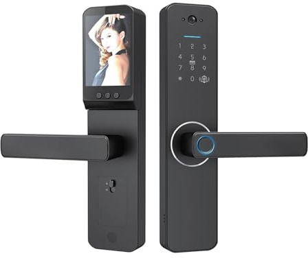 YVAAASIYC Serrure intelligente avec caméra grand angle 120 ° et sonnette, poignée de serrure porte d'entrée sans clé, biométrique en alliage d'aluminium