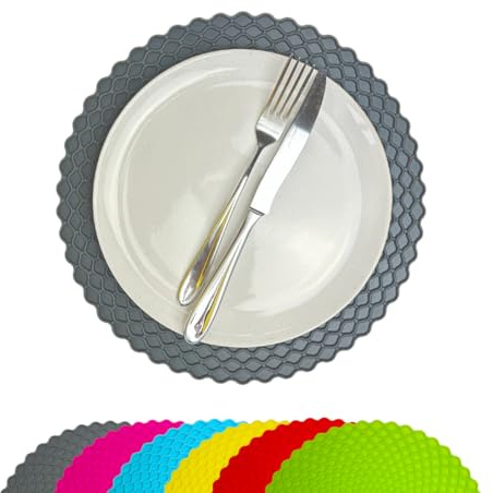 Stone & Thyme Multicoloured Silicone Placemats Set of 6 – 29 x 29cm. Waterproof & Non-Slip Dining Table Mats, Heat Resistant, Easy-Clean Reusable Food-Grade Silicone Placemats for Family Meals.